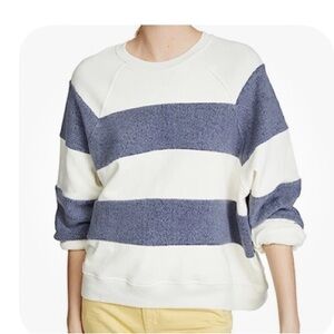 THE GREAT. Navy and Cream Striped Crew Neck Sweater